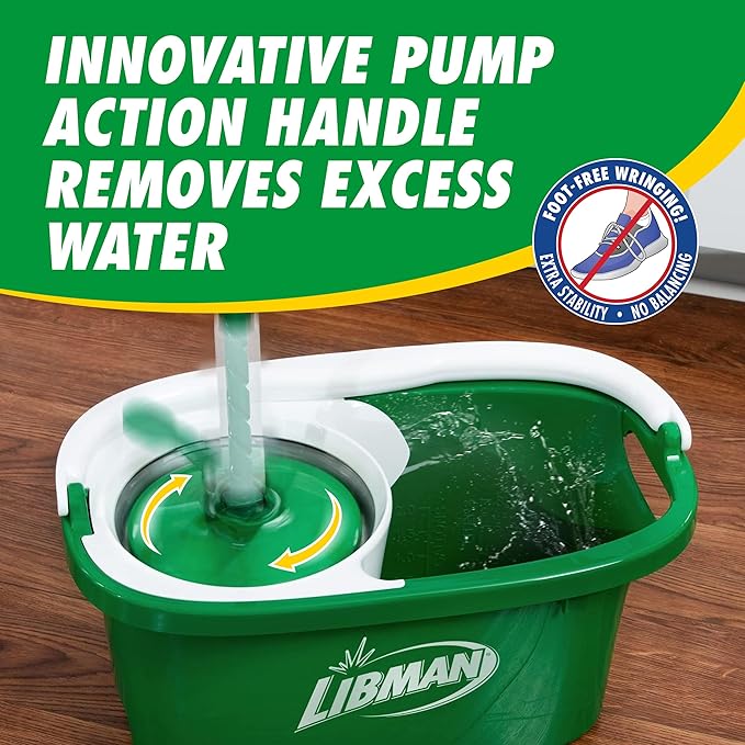 Libman Tornado Spin Mop System, Spinning Floor Mopping and Bucket with Wringer Set for Home, Hardwood, Laminate, Tile Cleaning, Includes 1 Machine Washable Replacement Head Refills (2 Total)