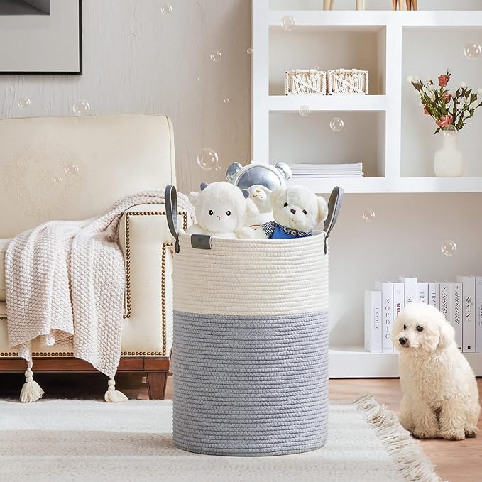 VIPOSCO Tall Laundry Basket, Large Dirty Clothes Hamper with Leather Handle, Woven Rope Storage Basket for Blanket, Toy In Living Room, Bathroom, Bedroom - 72L Grey & White