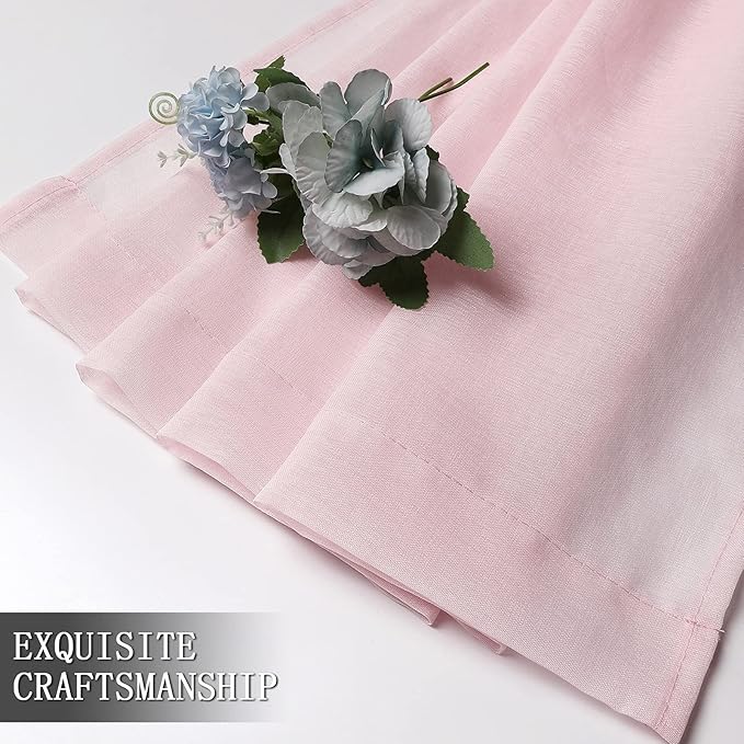 Tollpiz Short Sheer Curtain Linen Textured Bedroom Curtains Sheer Light Filtering Rod Pocket Voile Curtain for Living Room, 54 x 54 inches Long, Pink, Set of 2 Panels