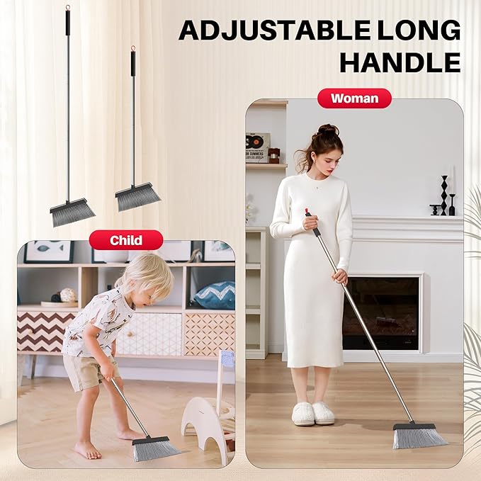 JOYMOOP Black and Red Broom and Dustpan Set, Upright Angle Design with Built-in Comb Teeth for Home, Office, Hard Floors