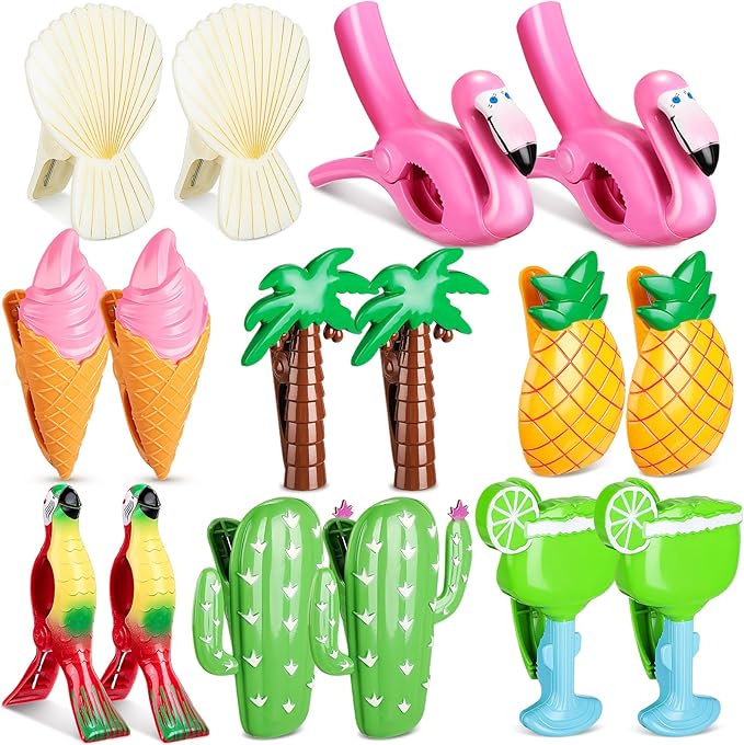 Rtteri 16 Pcs Beach Towel Clips for Beach Chairs Cute Towel Holder Cruise Clothes Pins for Lounge Chair Patio Pool, Assorted Style(Vivid)