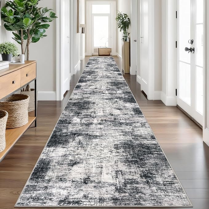 IOHOUZE Abstract Runner Rug 3x20 Ft Extra Long Washable Runners for Hallways, Non Slip Kitchen Runner Printed Faux Wool Entryway Runner Indoor, Modern Abstract Floor Carpet for Hall Stair, Black Grey