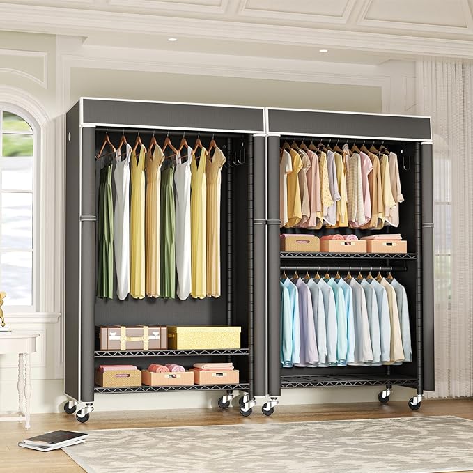 FUTASSI Black Clothing Rack with Dark Gray Cover, P1C Rolling Closets with Wheels, Metal Garment Rack for Hanging Clothes, Clothing Storage Wardrobe, 36.2" W x 16.5" D x 80.5" H, Load 450 Pounds