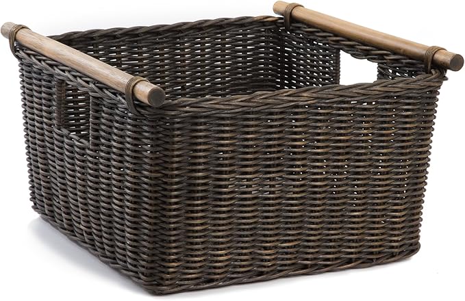 The Basket Lady Deep Pole Handle Wicker Storage Basket, Extra Large, 17.5 in L x 18 in W x 11.5 in H, Antique Walnut Brown