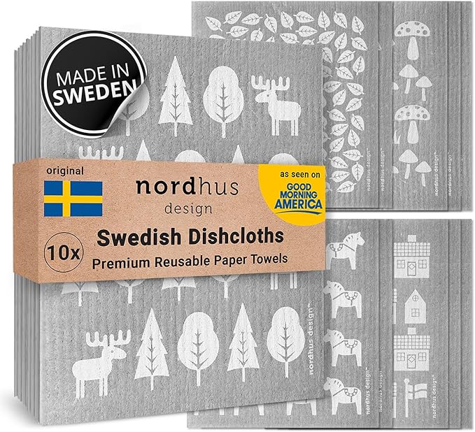 Nordhus Design Swedish Dishcloths,10 Grey Cloths, Made in Sweden - Reusable, Washable Cellulose Cotton Kitchen Cloths - Replace Paper Towels, Wipes, Sponges, Dish Rags