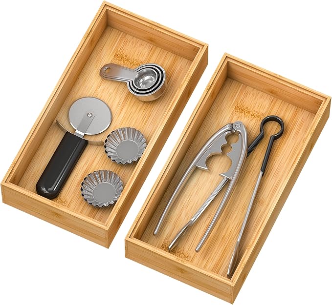 Bamboo Kitchen Drawer Organizer,Stackable Silverware Tray Utensil Organizer Cutlery Holder for Kitchen,Wooden Storage Box for Bathroom, Multi-Use Drawer Organizer for Office,Makeup(12x6x2.5 inch）