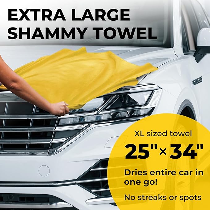 Premium XL Shammy Towel for Car - (34”x25”) - Super Absorbent Chamois Cloth - Spots and Scratch-Free - Reusable Car Drying Towels