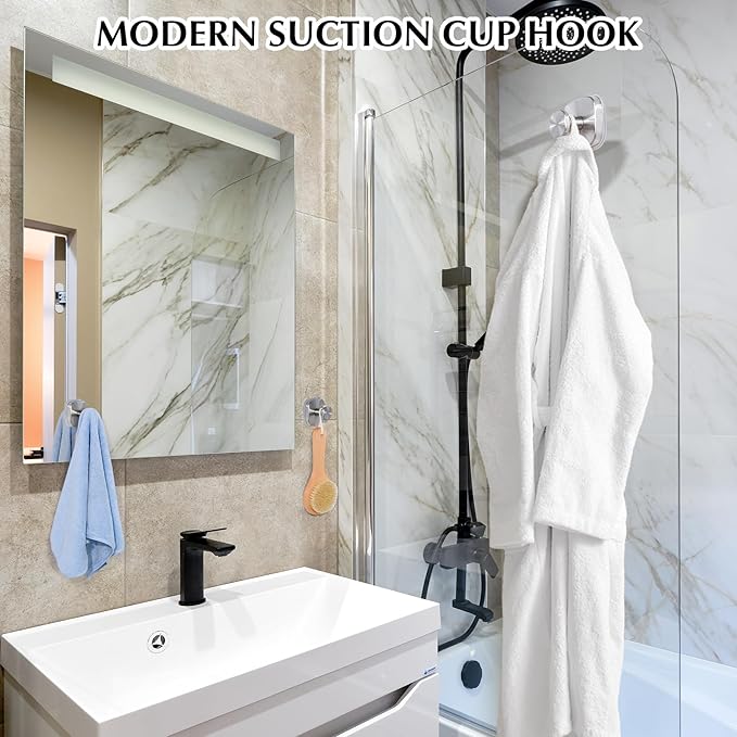 Suction Cup Hooks for Shower - Reusable No-Drill Mounting - Hooks for Towels, Robes & Loofah on Metal, Glass, Mirrors, Tile & Smooth Non-Porous Surfaces (4, Brushed Nickel)