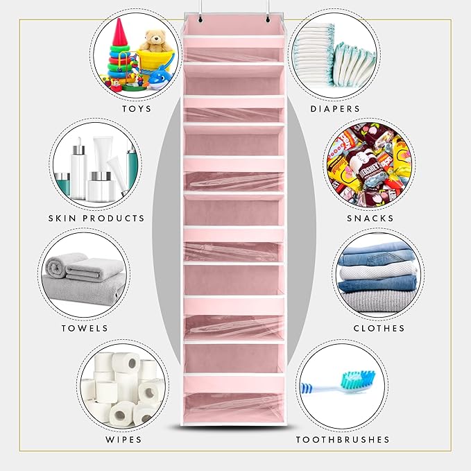 HOMELUX THEORY 1 PC Heavy Duty Over the Door Organizer 55x14x6.7, 6 Large Front & 12 Side Pockets, Hanging Storage Closet Door Organizer for Bedroom, Bathroom and Baby Nursery Storage (Baby Pink)