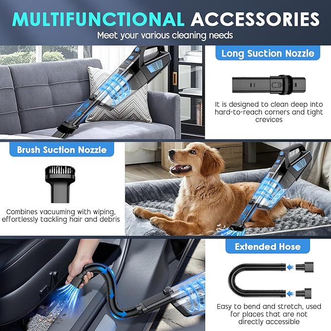 Handheld Vacuum Cordless, 15000PA Strong Suction Hand Held Car Vacuum Cleaner Portable with Multi-Nozzles & Washable Filter, Lightweight Dust Busters Rechargeable for Home, Car, Office, Pets