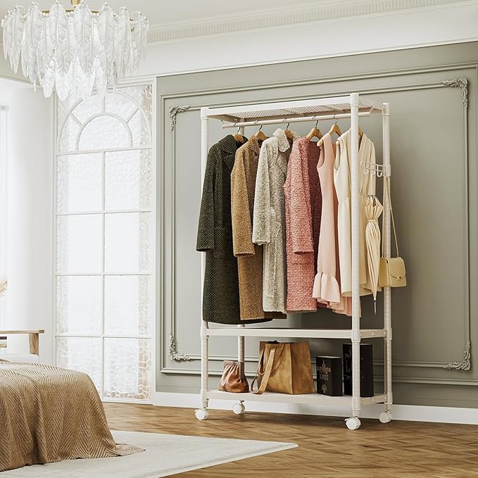 IZEUK Heavy Duty Rolling Garment Rack Wire Clothes Rack for Hanging Clothes, Metal Freestanding Closet Wardrobe Rack 3-Tier Clothing Rack with Wooden Boards Gold 17.7" D x 33.5" W x 70.3" H