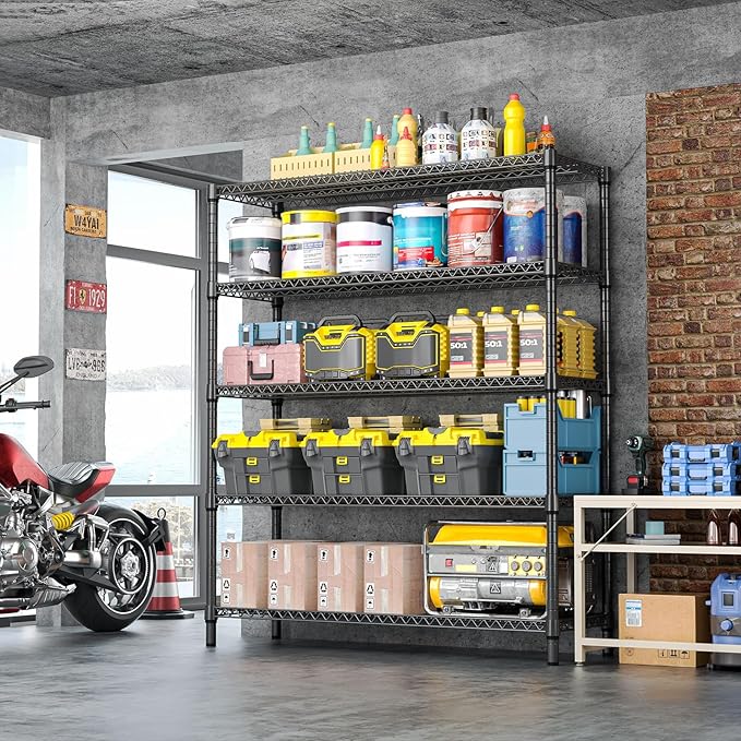 IZEUK 5-Tier Adjustable Heavy Duty Metal Storage Shelving Unit, Wide Utility Rack Organizer for Garage, Basement, Kitchen, Office, Warehouse (Black, 17.7" D x 59.1" W x 70.9" H)