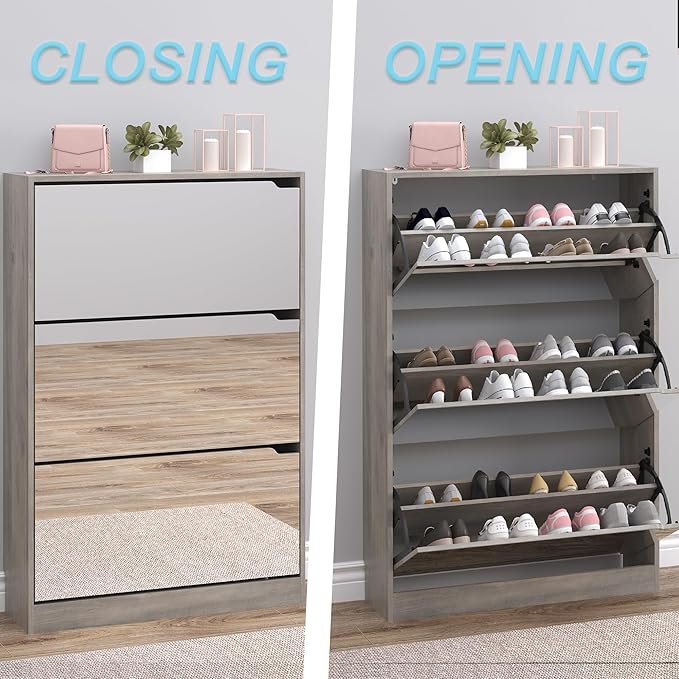 Shoe Cabinet with 3-Flip Mirror Drawers, Freestanding Shoe Rack Organizer with Hidden Handle, Slim Narrow Shoe Storage Cabinet for Entryway, Entrance, Hallway, Bedroom