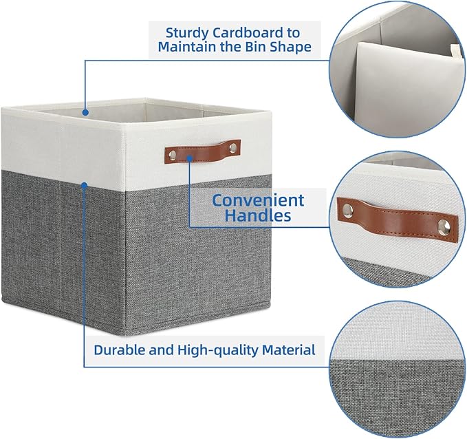 Temary Storage Cubes 12ﾗ12 Fabric Cube Storage Bins Foldable Storage Baskets with Handles, Decorative Storage Boxes for Organizing, Home, Office, Nursery, Shelf, Closet (White & Grey, 12 x 12 x 12)