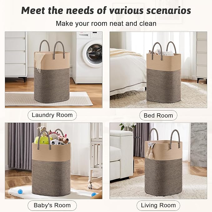 Laundry Basket,Woven Cotton Rope Laundry Hamper,Versatile Storage for Dirty Clothes,Baby Toys,and Blankets in Bathroom, Nursery,and Living Room (Jute, 100L)