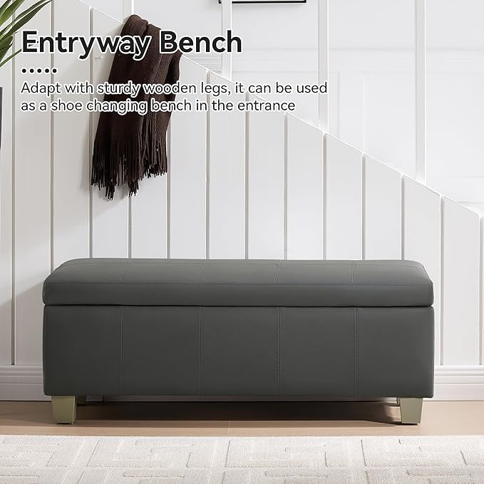 41" Faux Leather Storage Ottoman, Stitch Tufted Rectangle Upholstered End of Bed Storage Bench, Entryway Large Couch Ottoman with Wooden Legs,Dark Grey