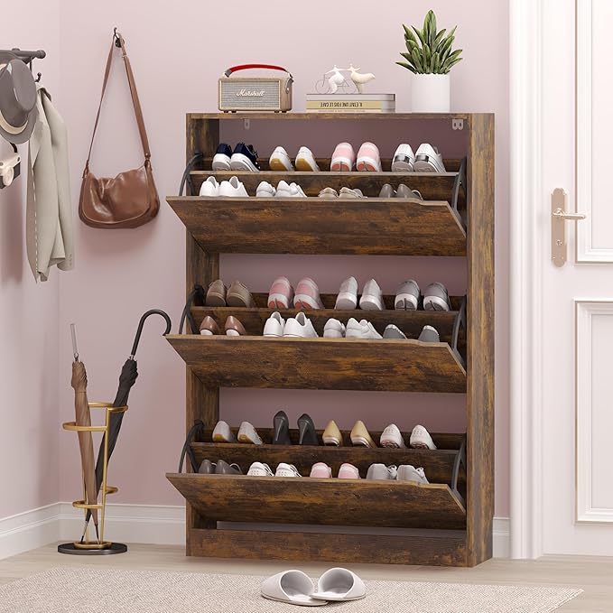 Shoe Cabinet with 3 Flip Drawers, Hidden Wood Shoe Cabinet,Freestanding Shoe Storage Cabinet for Entryway Hallway