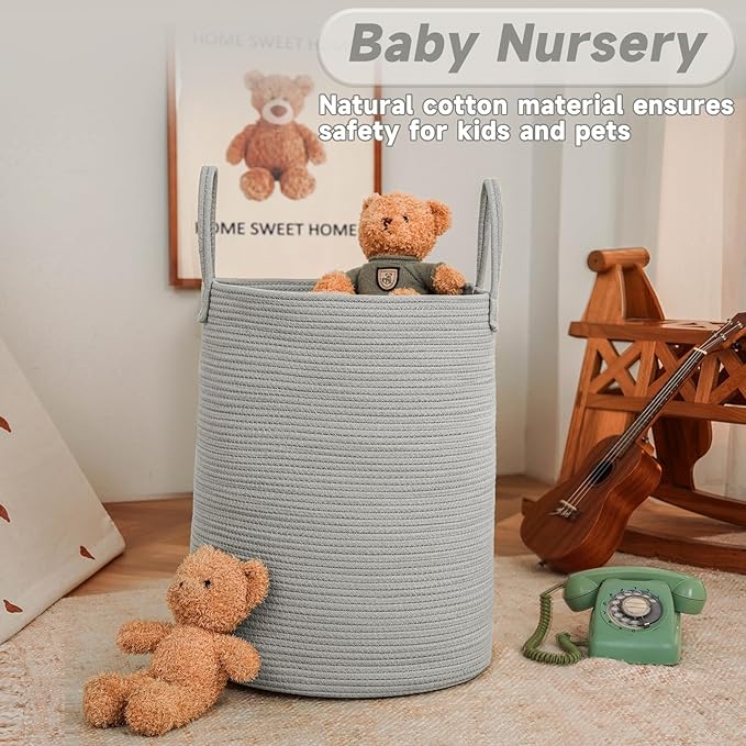 Large Woven Laundry Basket Hamper,60L Cotton Rope Storage Bin for Blankets,Toys and Clothes,Decorative Tall Nursery Hamper for Living Room,Baby Nursery,Bathroom and Bedroom,Grey
