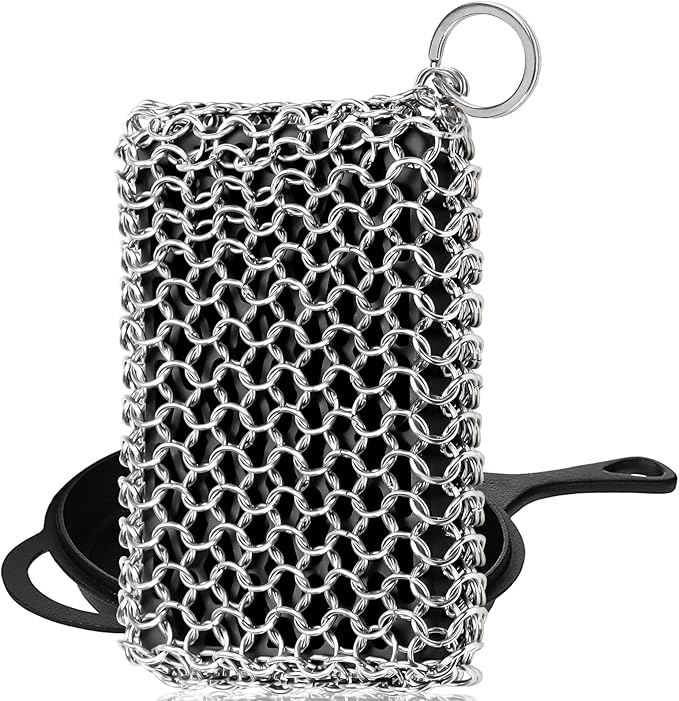Herda Chain Mail Cast Iron Cleaner Scrubber,316 Chainmail Pan Scrubber Metal Cleaning Brush, Pad, Sponge Scraper to Clean Skillet,Dutch Oven, Wok,Grill Griddle,Chain Link Scrub Brush Pot Care Kit