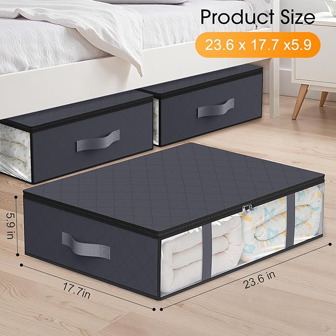StorageRight Under Bed Storage Bins, 10-Pack 40L Foldable Fabric Storage Bags with Transparent Window, Breathable Organizer for Clothes/Blanket/Comforter/Quilt, Grey