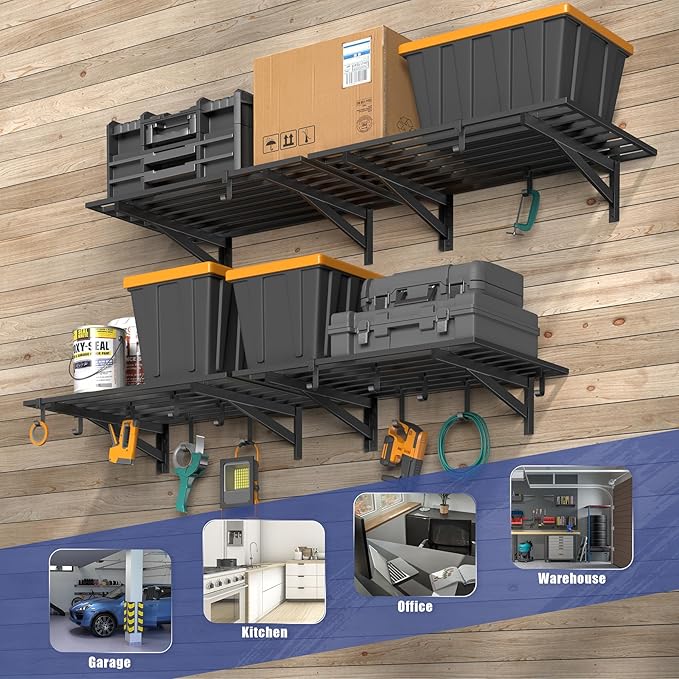 4-Pack 2x3ft Garage Shelving Wall Mounted, 2' x 3' Heavy Duty Garage Storage Shelves with Hooks, 800LB Capacity