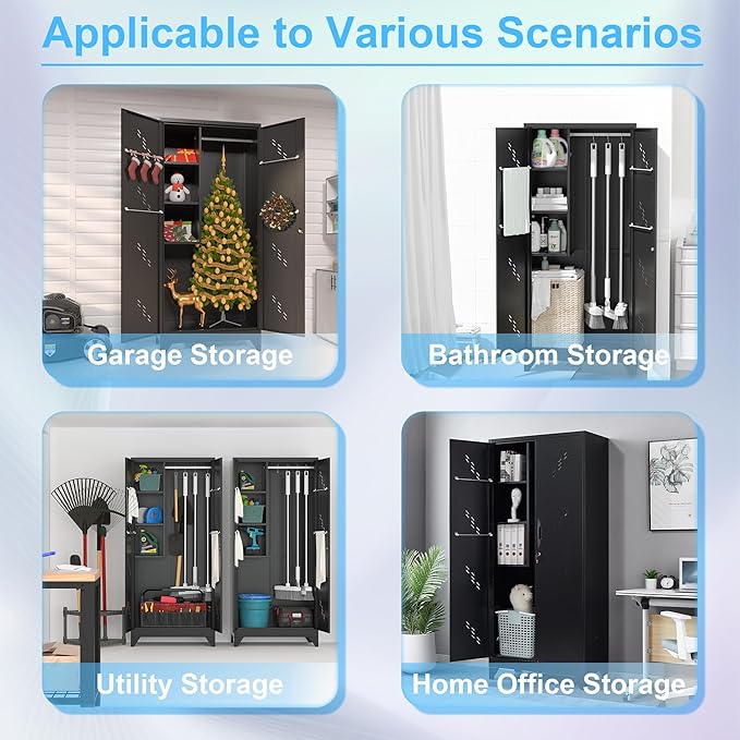 Metal Storage Cabinet with Lock Door, 75" Tall Garage Storage Cabinet with Hanging Rod, Broom Closet Bathroom Storage Cabinet, Cleaning Tool Cabinet