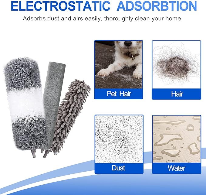 Microfiber Duster Kit (11PCS) - Washable Dusters with Extension Pole (30 to 100 in) for Cleaning Ceilings, Fans, Furniture