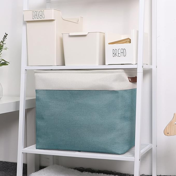 DULLEMELO Large Collapsible Storage Basket/Bin with Sturdy Leather Handles, Fabric Organizer Bin for Storage Clothes, Toys, Books, Office, Bedroom, Closet, Nursery & Laundry (White&Teal)