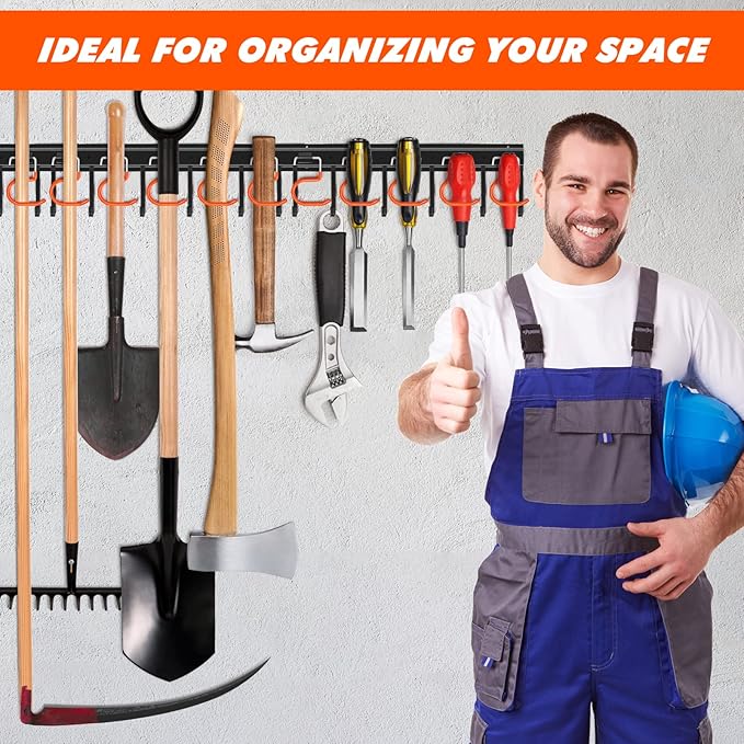 51'' All Metal Garden Tool Organizer Adjustable Garage Tool Organizer Wall Mount Garage Organizers and Storage with Heavy Duty Hooks Tool Hangers for Garage Wall, Shed, Garden