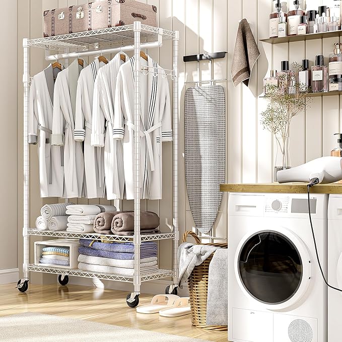 Heavy Duty Rolling Garment Rack 3 Tiers Adjustable Wire Shelving Clothes Rack with Rods and Side Hooks,Storage Closet Clothing Rack with Wheels White 15.7" D x 29.5" W x 74.5" H