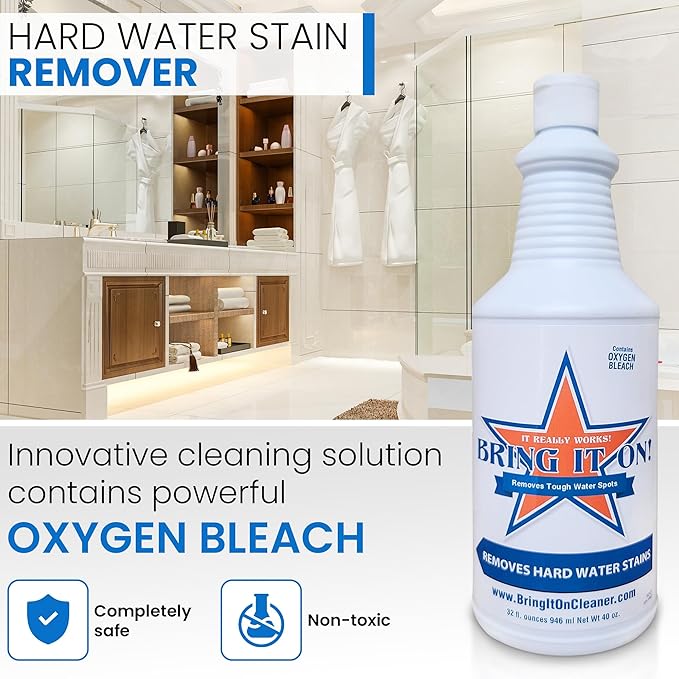 Bring It On Cleaner Hard Water Stain Remover for Glass, Soap Scum remover for Shower glass, Fiberglass, Windows, Tile & Grout, Water Spot Remover for Glass Door Bathroom, Lime Scale & Sink 32Oz 2Pack