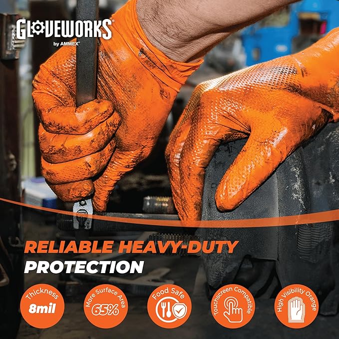 GLOVEWORKS Heavy-Duty Nitrile Gloves, Disposable, Latex Free, 8 Mil, Orange, Diamond Grip Glove