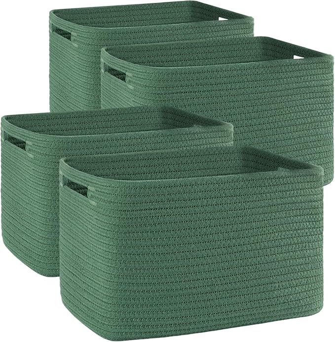 OIAHOMY 4 Pack Storage Baskets for Organizing, Cube Storage Bins for Shelves, Rectangle Storage Baskets With Handles, Woven Baskets for Storage, 12.7''Lx9''Wx7.8''H, Green