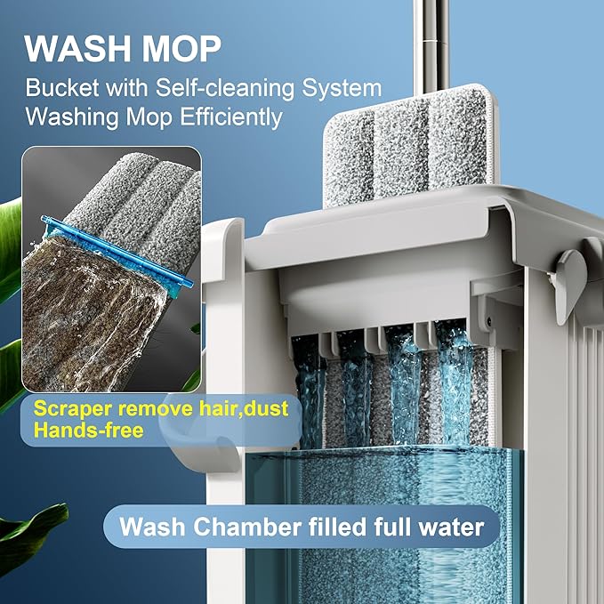 JOYMOOP Mop and Bucket with Wringer Set, Flat Squeeze Mop with Bucket (X-Large), Dust Mop for Wall Cleaner with Long Handle, Microfiber Mop - White Bucket with 5 Reusable 15" Pads