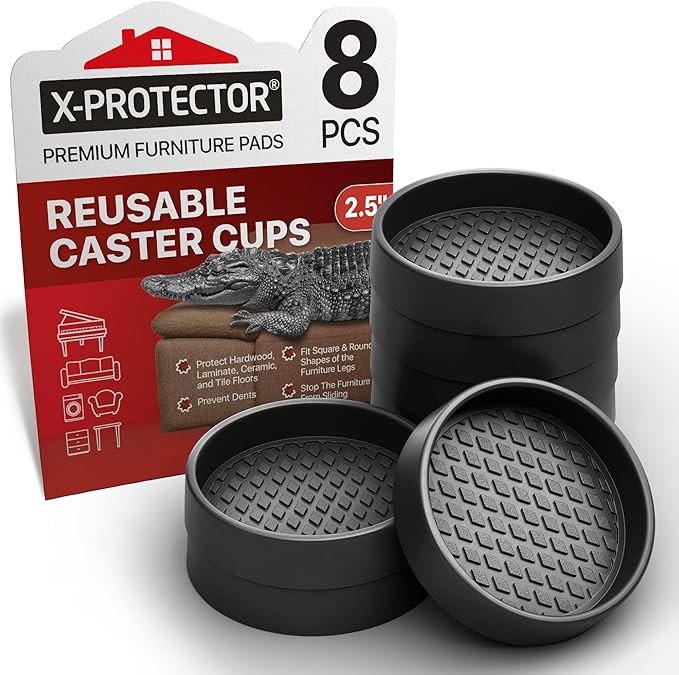 Furniture Cups X-PROTECTOR – 2.5" Caster Cups 8 PCS – Round Furniture Coasters – Ideal Bed Stoppers – Non Skid Furniture Pads with a Perfect Design – Rubber Furniture Pads - Protect Any Flooring!