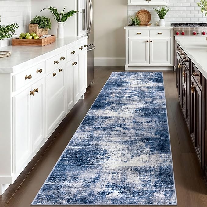 IOHOUZE Abstract Runner Rug 3x10 Ft Washable Runners for Hallways, Non Slip Kitchen Runner Printed Faux Wool Entryway Runner Indoor, Modern Abstract Floor Carpet for Hall Bedroom, Navy/Grey