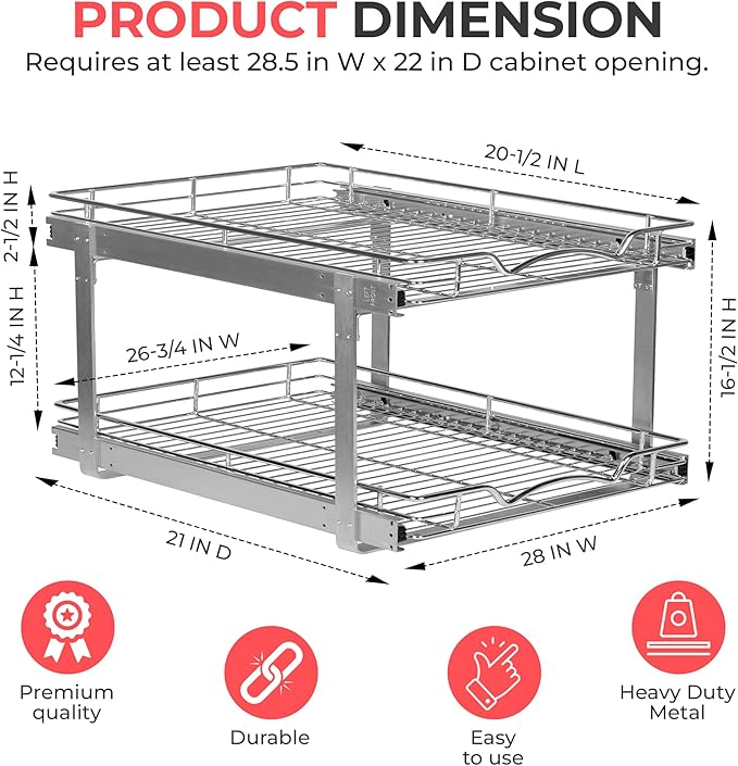 HOLDN’ STORAGE Two Tier Pull Out Cabinet Organizer, Individual Sliding Drawers - Heavy Duty Metal with Lifetime Limited Warranty - Anti Rust Chrome Finish - 28" W x 21”D x 16.5" H