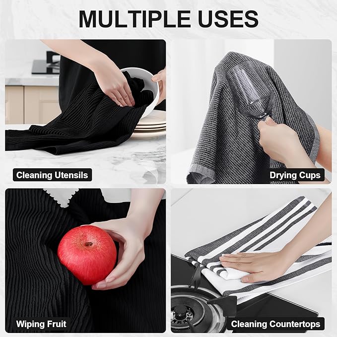 Homaxy Premium Kitchen Towels(18”x 28”, 9 Pack), Large Cotton 380 GSM Kitchen Hand Towels, Soft and Absorbent Terry Dish Towels, Multipurpose Tea Towel Set with Hanging Loop, Black