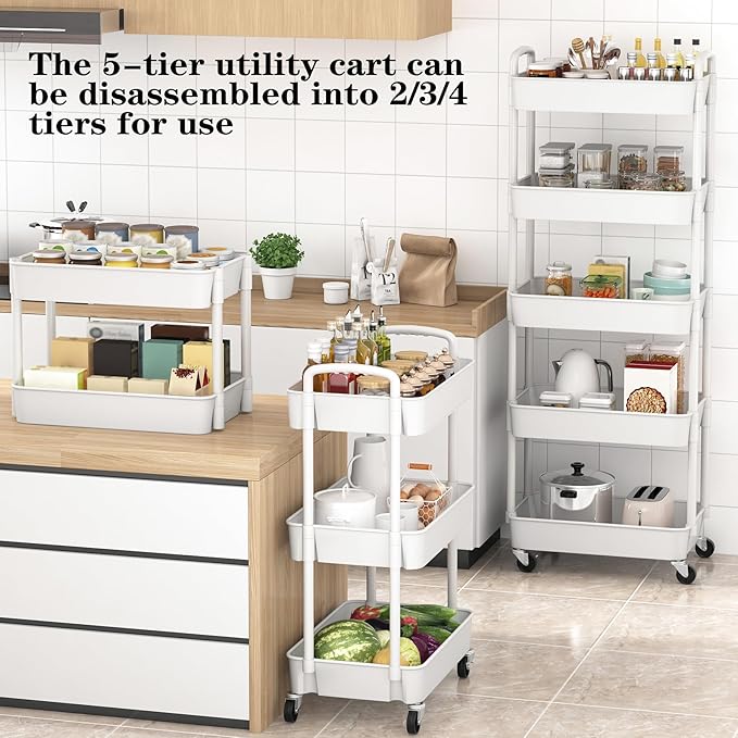 Sywhitta 5-Tier Plastic Rolling Utility Cart with Handle, Multi-Functional Storage Trolley for Office, Living Room, Kitchen, Movable Storage Organizer with Wheels, White