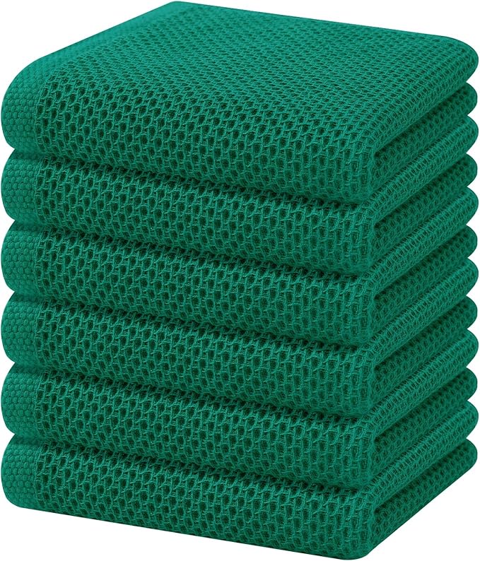 Homaxy 100% Cotton Waffle Weave Kitchen Dish Towels, Ultra Soft Absorbent Quick Drying Cleaning Towel, 13 x 28 Inches, 6-Pack, Dark Green