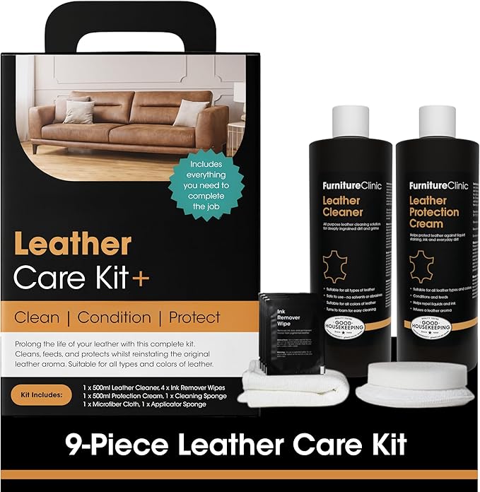 Furniture Clinic Large Leather Care Kit | Leather Cleaner + Conditioning Protection Cream for Furniture | Two 17oz Bottles + 1 Sponge & 1 Cloth | Restore Leather Couches, Car Seats, Jackets, & Boots