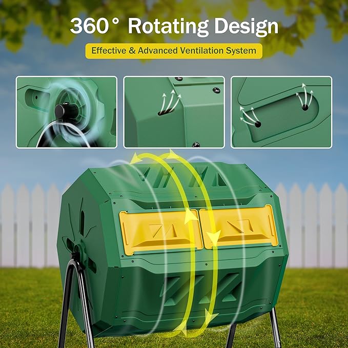 43 Gallon Outdoor Dual Chamber Tumbling Composter - BPA Free, Rotating Compost Bin with Sliding Doors & Steel Frame for Garden/Yard