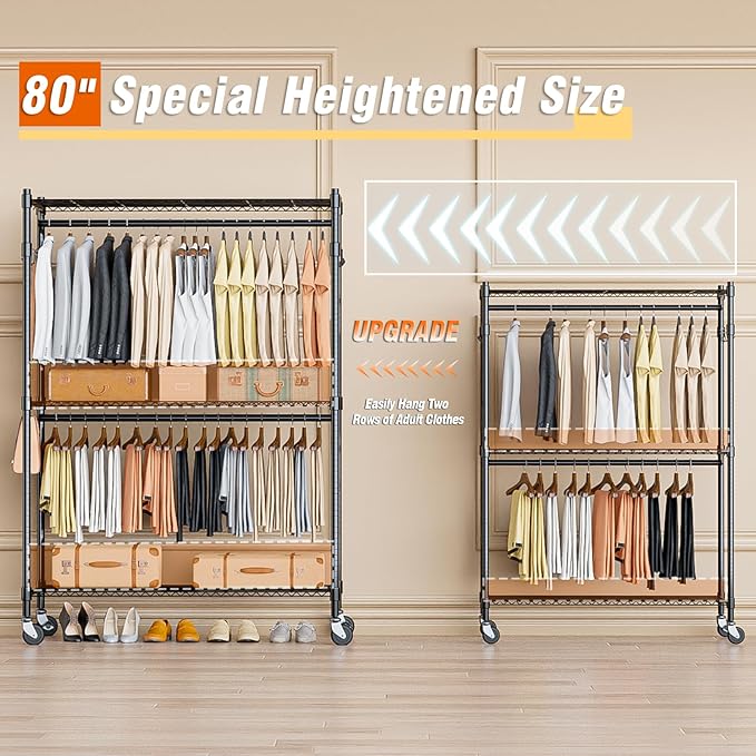 Homdox 3 Tier Heavy Duty Garment Rack with Wheels, Adjustable Wire Clothes Rack with Double Hanging Rods, Portable Closets for Hanging Clothes with Side Hooks, Black