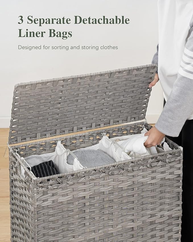 Laundry Hamper with Lid 132 L, (35 Gallons) Clothes Hamper with Lid, Handwoven Rattan Laundry Hamper with Metal Heightened Feet, Laundry Hampers with 3 Removable Liner Bags for Laundry-Gray