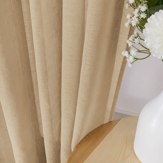 Tollpiz Sheer Curtains Living Room Linen Textured Curtain Sheers Light Filtering Voile Rod Pocket Curtains for Bedroom, 38 x 63 inches Long, Beige, Set of 2 Panels