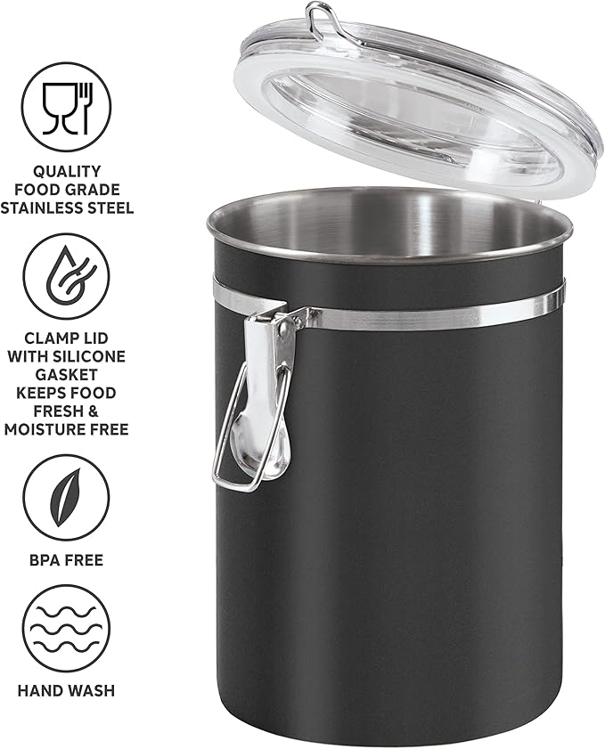 Oggi Stainless Steel Kitchen Canister 47 fl oz, Black - Airtight Clamp Lid, Clear See-Thru Top - Ideal for Kitchen Storage, Food Storage, Pantry Storage. Large Size 5" x 6".