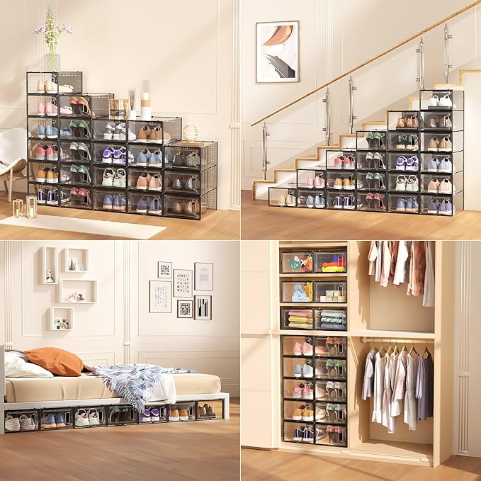 12 Pack X Large Shoe Storage Organizer for Closet, Modular Space Saving Shoe Boxes Clear Plastic Stackable Containers Display Case Bins with Lids, Black