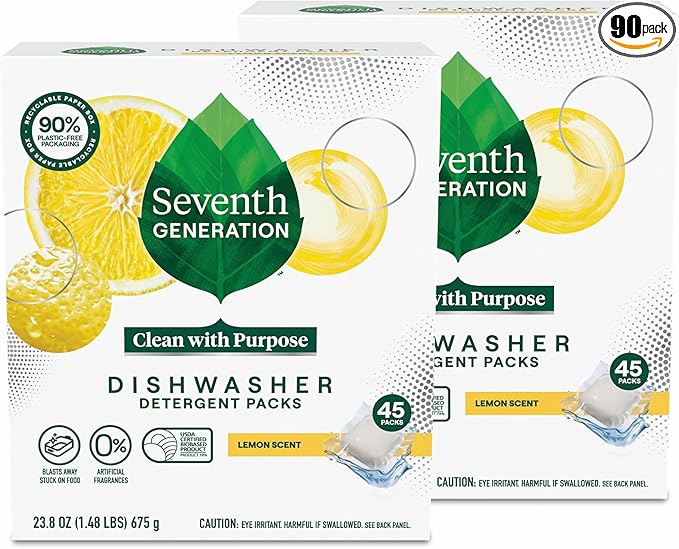 Seventh Generation Dishwasher Detergent Packs Lemon scent 2 Pack for sparkling dishes Dishwasher tabs 45 count