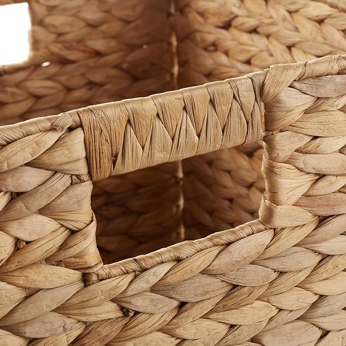 Casafield 10.5" x 10.5" Water Hyacinth Storage Baskets, Natural - Set of 4 Collapsible Cube Organizers, Woven Bins for Bathroom, Bedroom, Laundry, Pantry, Shelves