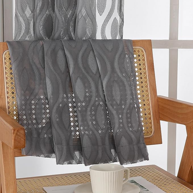 Aiyufeng Grey Valances for Windows, Clip Jacquard Chic Wavy Line Voile Sheer Curtains for Basement, Lightweight Airy Rod Pocket Short Curtains, 2 PCS, 40" Wx14" Inches